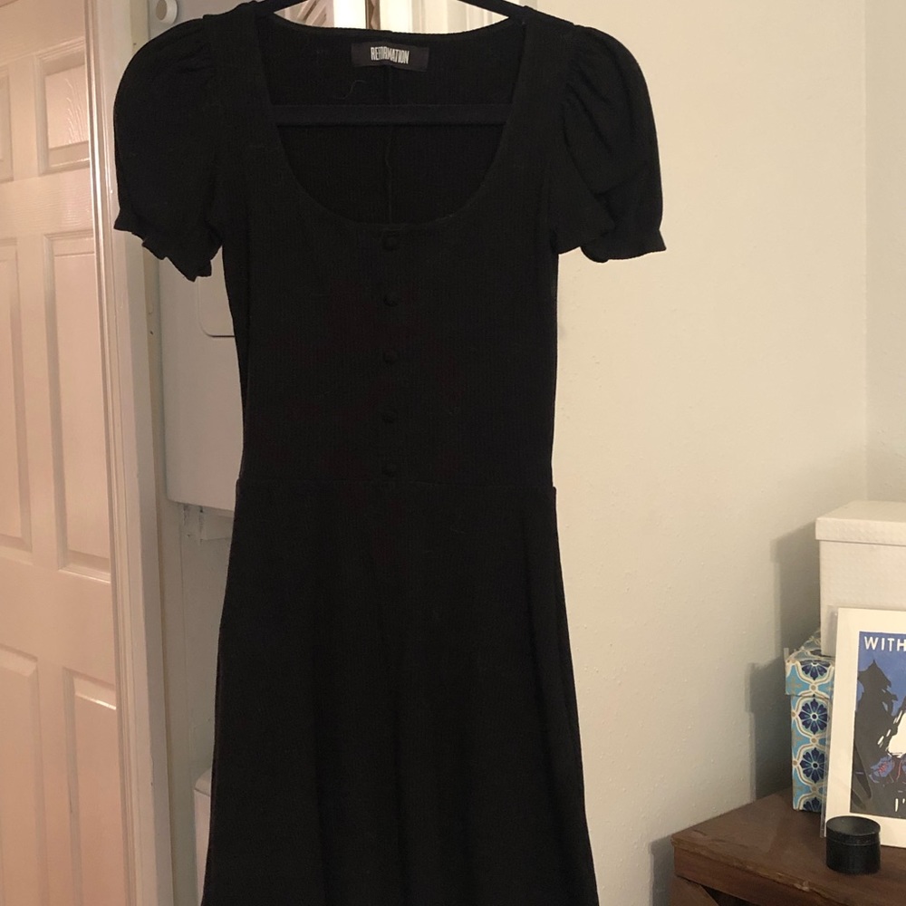 Reformation simple black dress with puff sleeves
